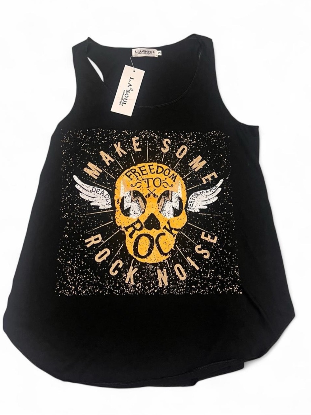 Womens Black Graphic Tank - Yellow Skull Rock Print